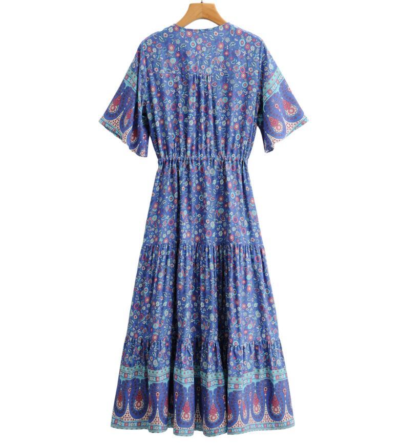 BOHO Bandage Adjust Collar Floral print Women Dress Holiday Tie Bow Sashes Short Sleeve off Shoulder Midi Dresses Beach 210429