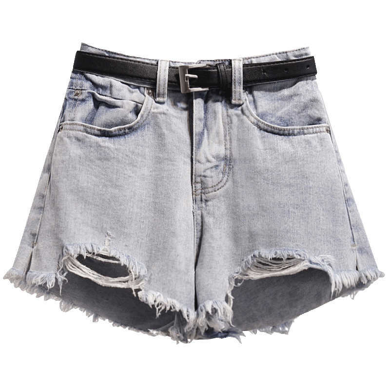 Summer Women Hole Denim Black Shorts High Waist With Belt Casual Female Solid Color Frayed Blue Jeans 210714