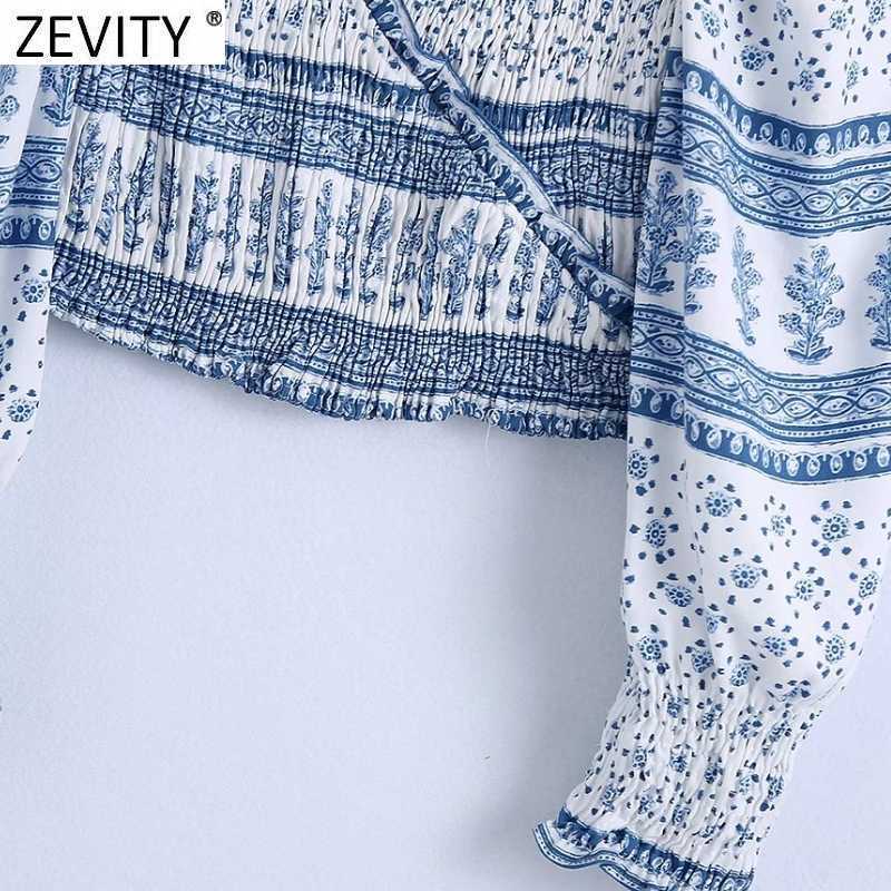 Zevity Women Vintage V Neck Patchwork Floral Print Short Shirts Female Elastic Pleated Slim Blouse Chic Ruffles Crop Tops LS9346 210603
