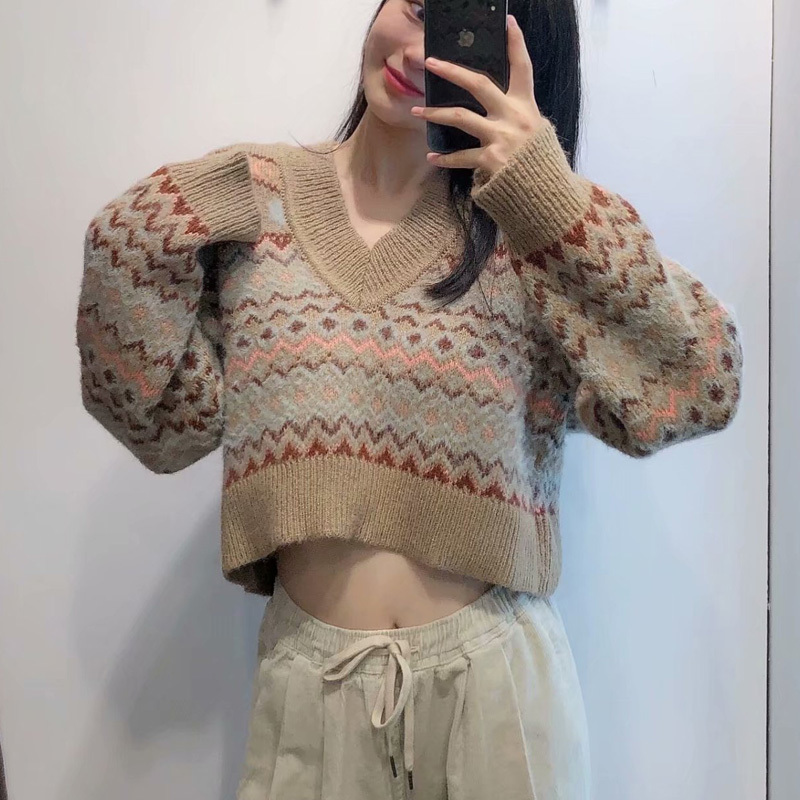 Women Autumn Warm Pullovers Sweaters Long Sleeve V Neck Jacquard Loose Female Fashion Street Vintage Wool Knitted Sweater 210513