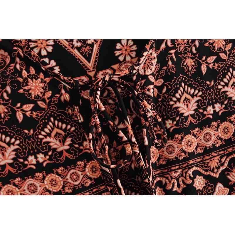 Bohemia Bandage Lacing up Collar Paisley Floral Print Dress BOHO Woman Long Sleeve Maxi Holiday Dresses Beach 210429