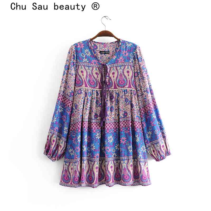 beauty Boho Floral Print Cotton Women's Midi Dress Holiday Style Beautiful Fashion Tassel Female Mini Dresses 210514