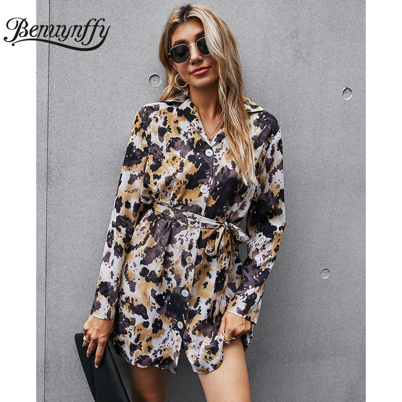 Autumn High Waist Print Shirt Dress Women Long Sleeve Belted A-Line Casual Ladies Highstreet Mini es 210510