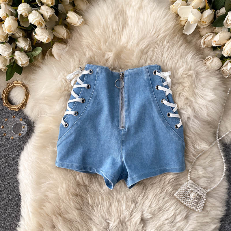 Nomikuma Korean Cross Bandage Women Jeans Shorts Zipper High Waist New Wide Leg Demin Short Causal Fashion Bottoms 6D618 210427