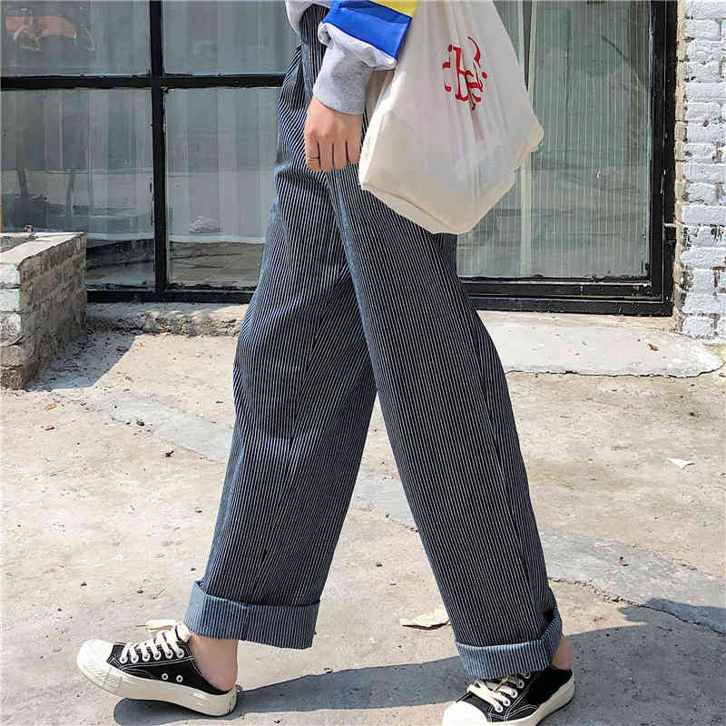 Nomikuma Vintage Striped Wide Leg Pants Korean Stretch High Waist Long Trousers Autumn New Causal Women Pants Mujer 6C742 210427