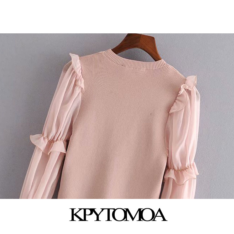 Women Chic Fashion Organza Patchwork Knitted Sweater See Through Sleeve Ruffle Stretch Pullovers Tops 210420