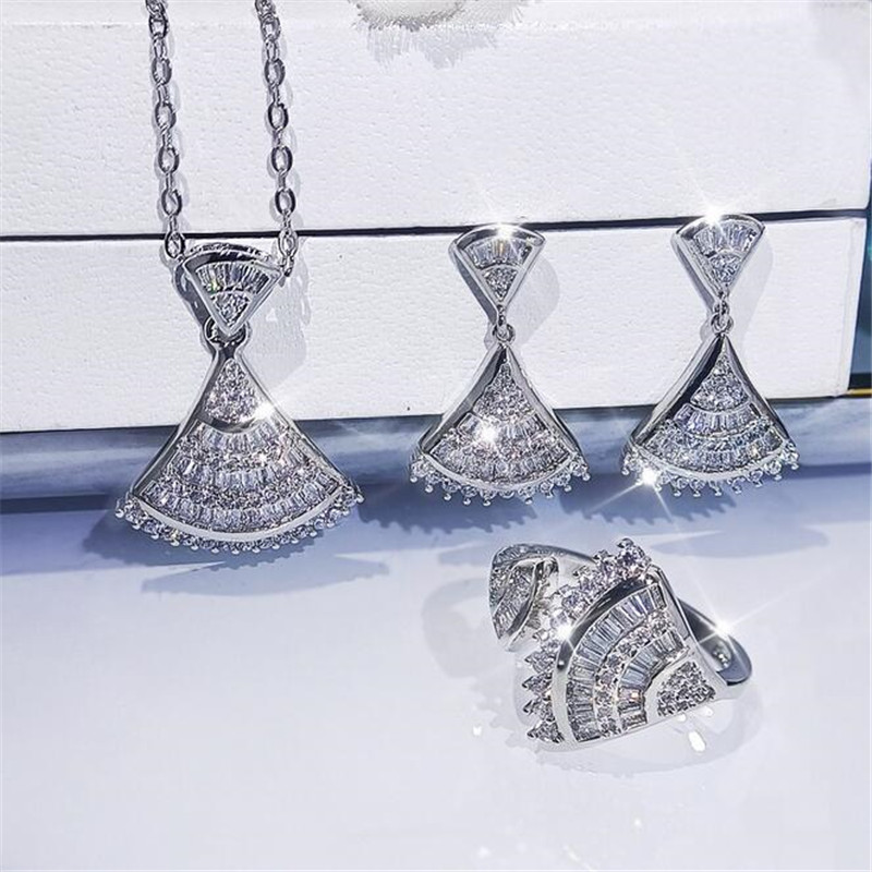 2021 Top Sell Luxury Jewelry Set 925 Sterling Silver Full Princess Cut White Topaz CZ Diamond Skirt Clavicle Necklace Dangle Earring Women Wedding Ope