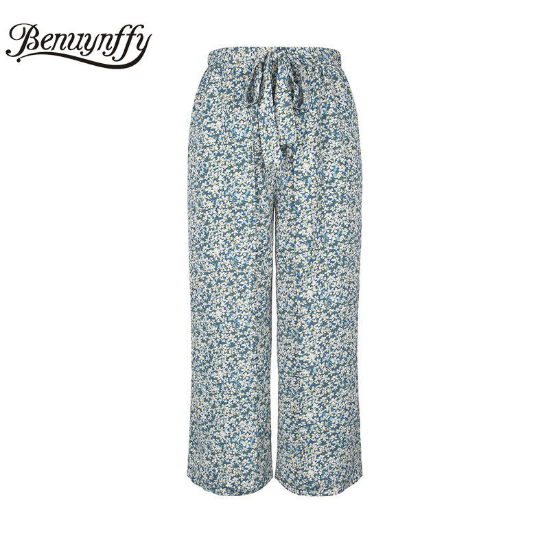 Bow Tie Floral Print Wide Leg Pants Women Summer Trousers Boho Holiday Casual High Elastic Waist Ladies Belt 210510