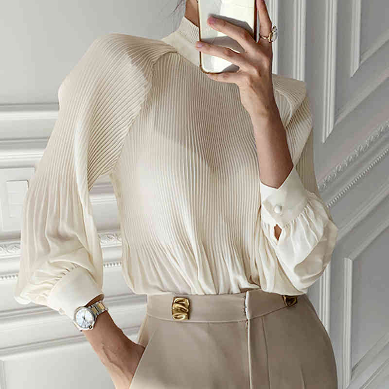Nomikuma Korean Pleated Perspective Blouse Shirts Casual Ruffle Stand Neck Blusas Elegant Lantern Long Sleeve Pullover Top 6D763 210427