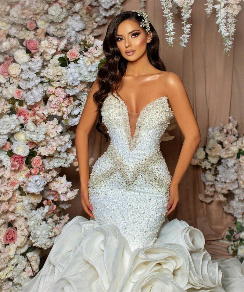 Mermaid Wedding Dresses Sweetheart Neck Plus Size Cascading Ruffles Sweep Train Heavy Pearls Bridal Party Gowns For Arabic Women Robes De Marie