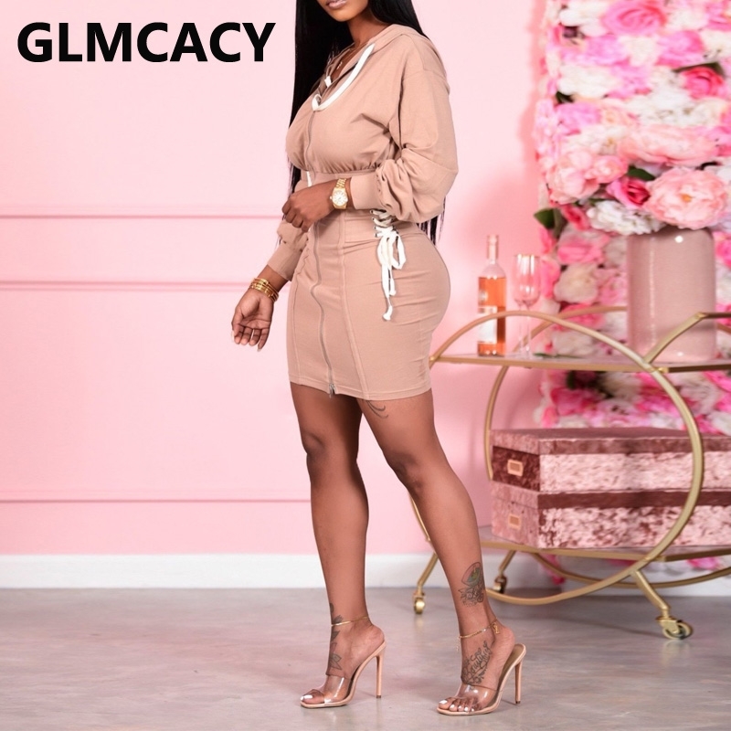 Women Zipper Front Bodycon Dress Side Lace Up Casual Mini Dresses 210702