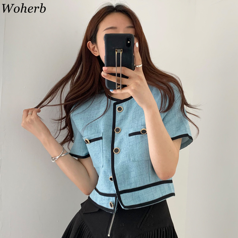 Summer Short Sleeve O-Neck Single Breasted Women Trend Coat Feminino Chic Button Loose Casual Ladies Jacket 210519