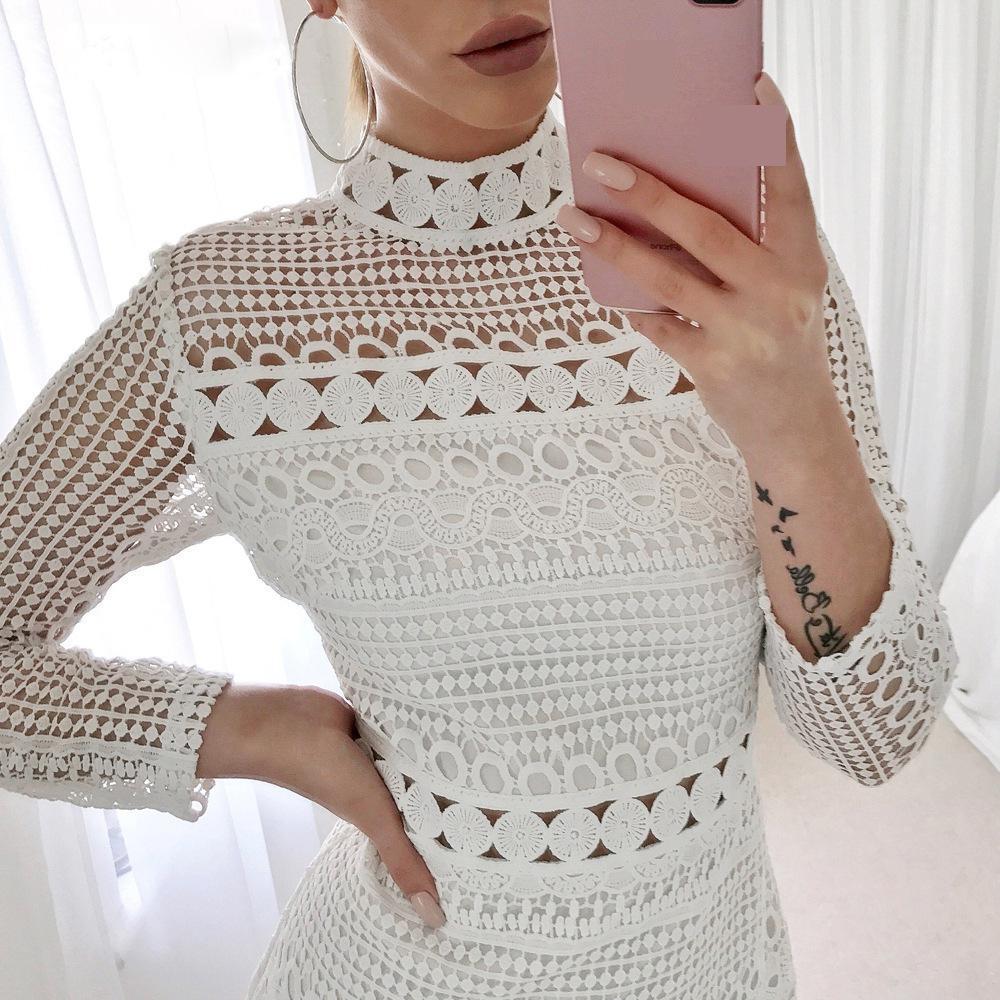 Women Dress Stand Collar Ruffle Hem White Lace es Hollow Out Long Sleeve Sexy Plus Size Bohemian es 210513