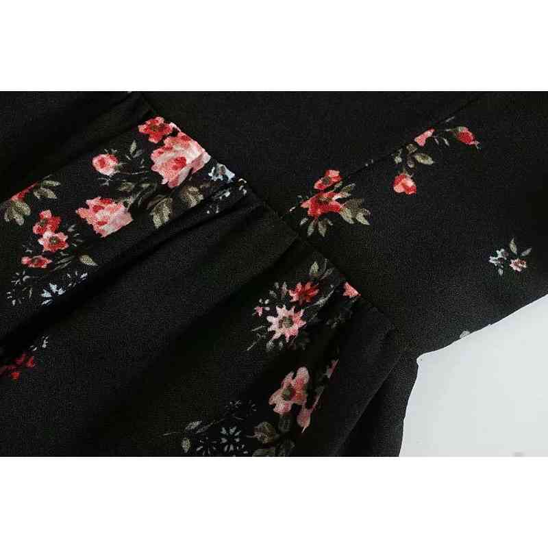 Vintage French Style Long sleeve Floral Print Women Dress Black Square Collar Hem Splice Ruffles Midi Dresses Beach Holiday 210429