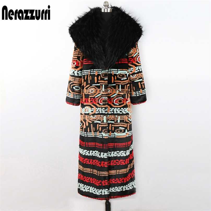 Nerazzurri Winter long colorful faux fur coat women with fur collar Fluffy multicolor clothing women 211123