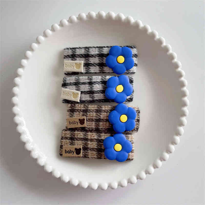 Hair Accessories Klein Blue Flower Hairpin Plaid Side Clip Women's Cute and Versatile Bb Flowers