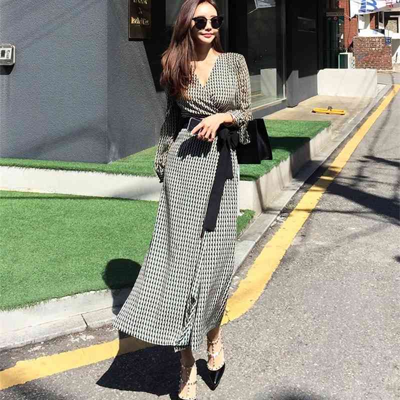 OL Work wear Elegant Party Dress Women Summer Long Sleeve Plaid Split Sexy V-neck Casual Wrap Vestidos 210519