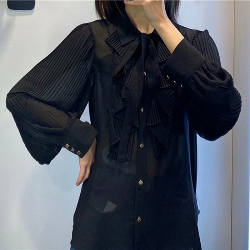 Elegant Women Chiffon Pleated Shirts Fashion Ladies Lantern Sleeve Tops Sweet Female Chic Bow Cascading Ruffles Blouse 210430
