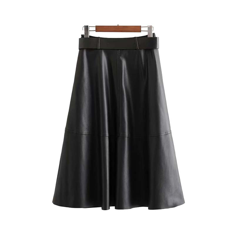 Vintage belt PU leather midi skirt womens high waist Streetwear casual black pleated full korean faldas mujer 210521