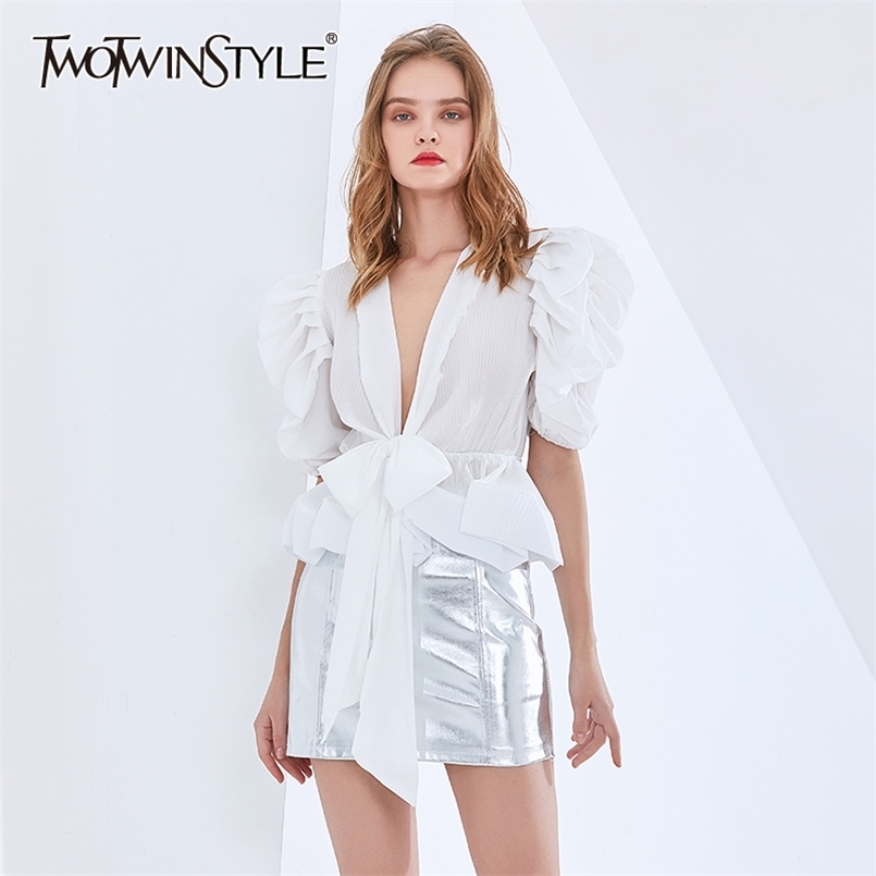 White Patchwork Ruffle Shirt For Women V Neck Puff Sleeve Lace Up Bowknot Elegant Blouse Female Fashion Clothing 210524
White Patchwork Ruffle Shirt For Women V Neck Puff Sleeve Lace Up Bowknot Elegant Blouse Female Fashion Clothing 210524