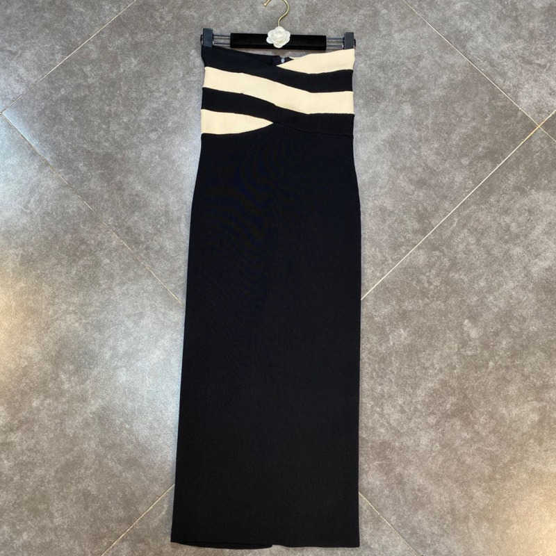 DEAT Women Elastic Temperament Contrast Color Striped Slim Bra High Waist Mid Dress Fashion Spring Summer 11B052 210709