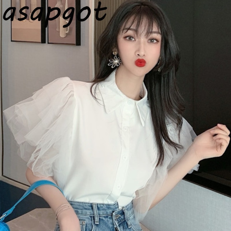 Chic Korean Blue Mesh Half Short Butterfly Sleeve Blouse Women Retro Fashion Slim Patchwork Turn Down Collar Shirts Ruffles 210429