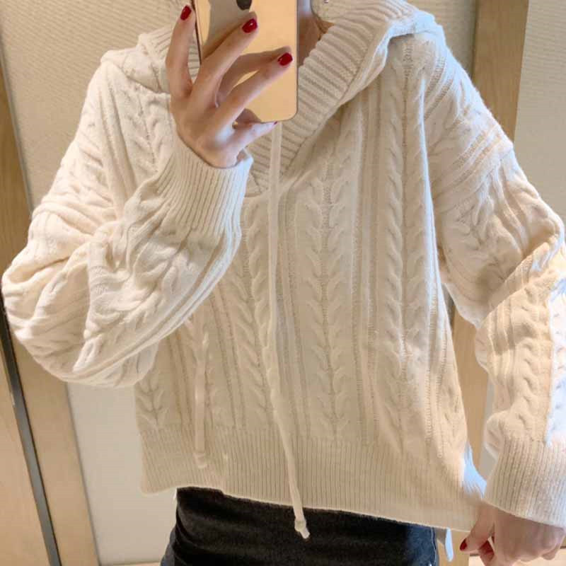 Wohern Korean Fashion Ladies Hooded Sweater Women Knitting White Sweaters Casual Pullover and Jumper Loose Knitwear Autumn 210519