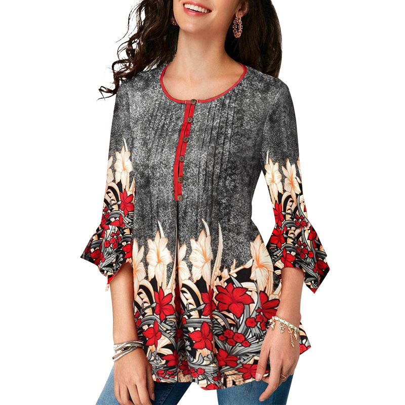 New Summer Print Blouse Women Cloting O-neck 3/4 Sleeve Shirts Ladies Casual Loose Plus Size Tops For Women 210317