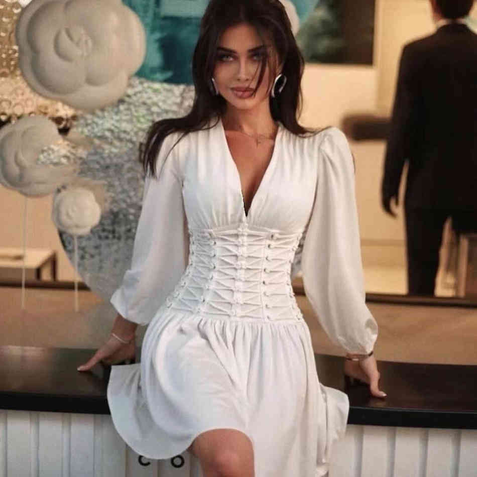 Winter Fashion Women Club Party Dress Sexy V Neck White Black Long Sleeve Casual Mini Celebrity Runway Lady 210423