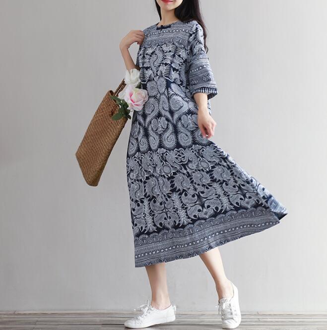 Summer Print Party Dress Women Elegant Button Down Long Shirt Dress Casual Long Sleeve Maxi Beach Dress Y0118