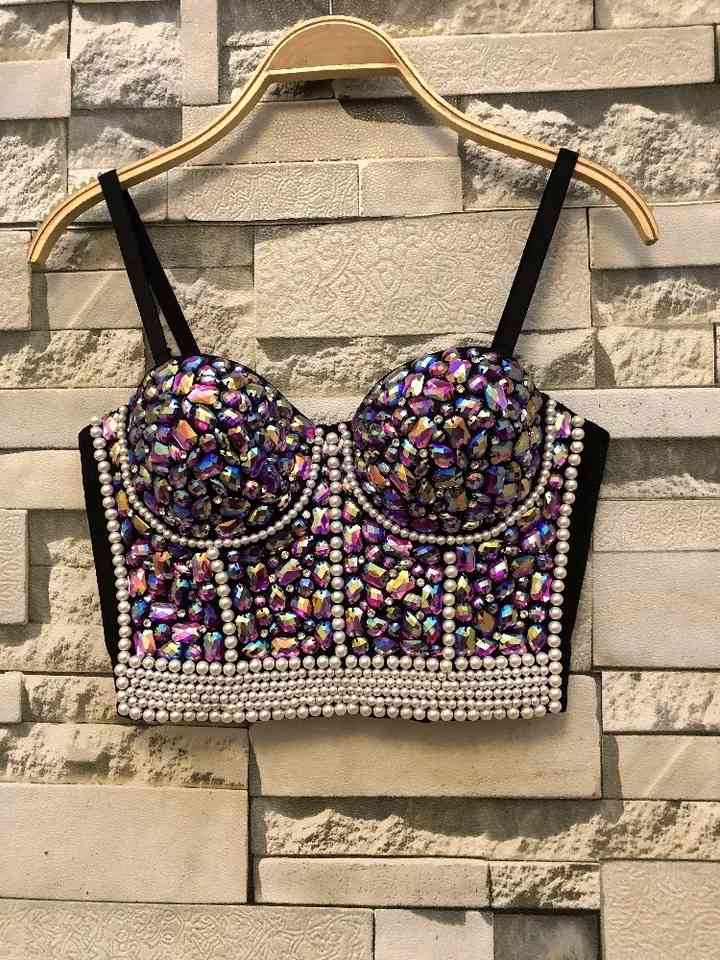 Sexy pearl beading Squined Top Rave Festival Glitter Bustier Silver Tank Party Night Club Handmade Vest Diamond Bra 210421