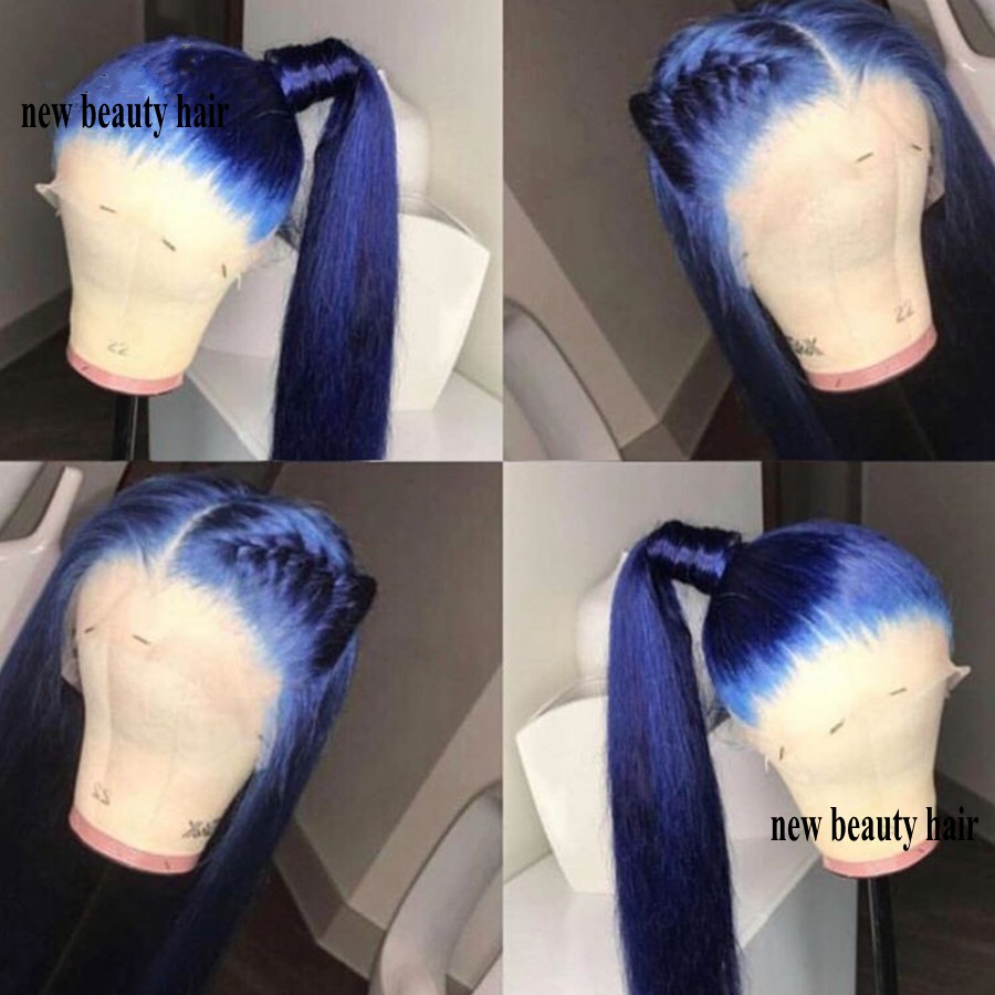Synthetic Lace Front Simulation Human Hair Wigs Dark Blue Color 180% Density Long Straight Pre Plucked Wig For Women Cosplay