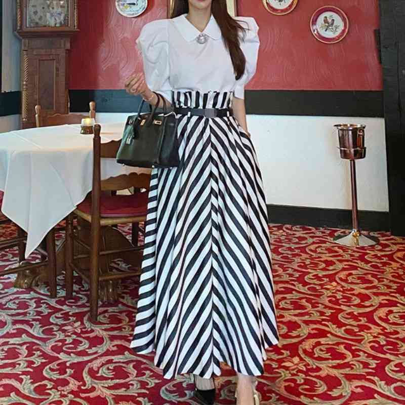 Summer Women Elegant 2-Piece Set Korean Temperament Sweet Puff Sleeve White Blouses + High Waist Big Swing Skirt Suit 210519