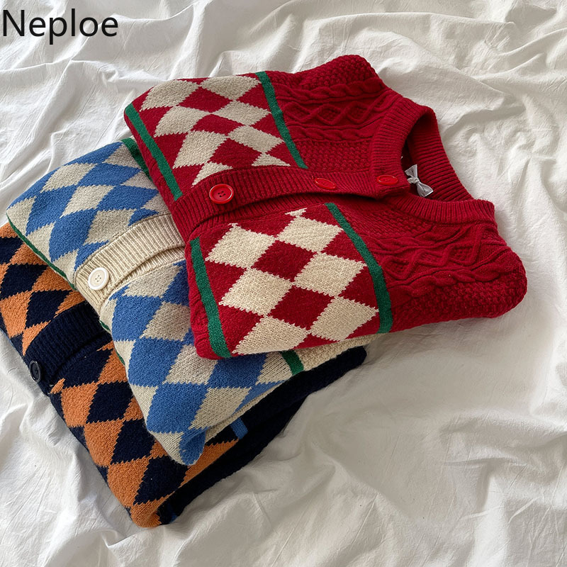 Neploe Sweaters for Women Winter Clothes Knitted Plaid Casual Cardigan O-neck Long Sleeve Loose Sueter Coat Female 4H095 210422