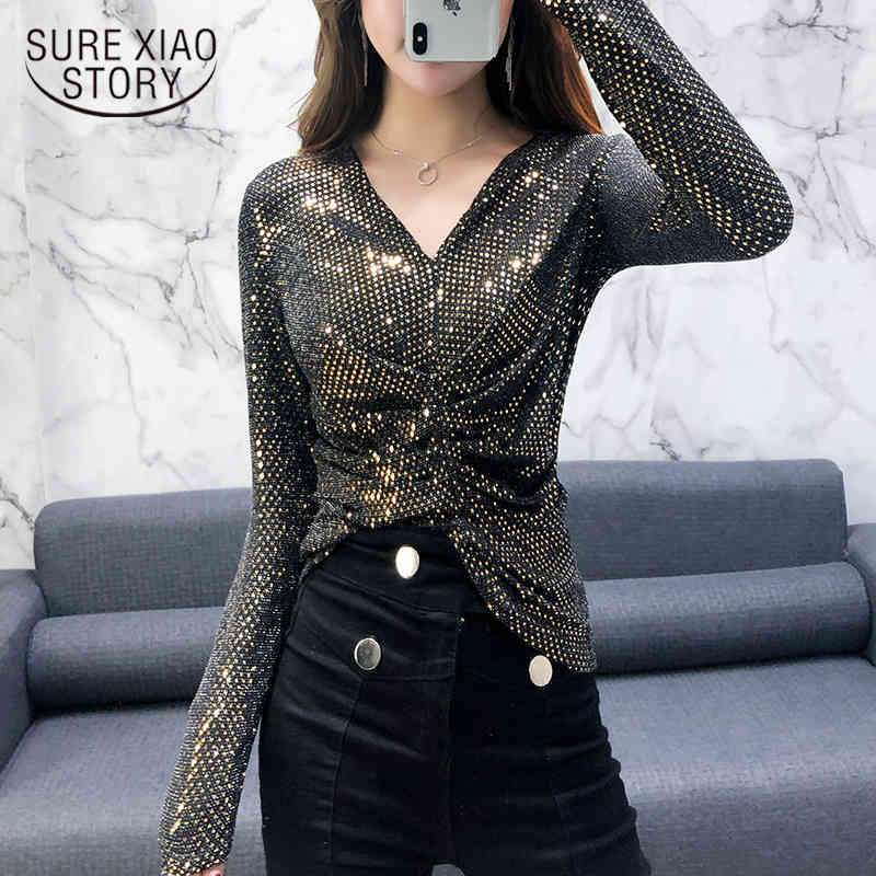 Korean Sexy Fashion Long Sleeve Bright Sequins Clothes Backing Slim Women Shirts Tight Tops and Blouses 8494 50 210506