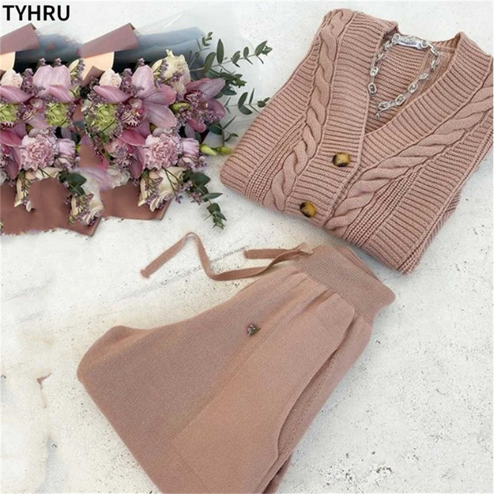 TYHRU Women Knitting 2-pieces sweater Suit Hemp Flower V-neck Single-Breasted cardigan + Pants lady winter sweater Set 211007