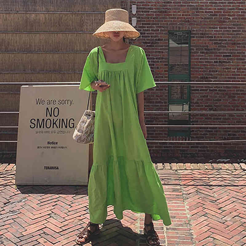 SHENGPLLAE Minimalist Cotton Linen Dress Women's Summer Square Collor Loose Fold Short Sleeve Mid-calf Dresses 5B807 210427
