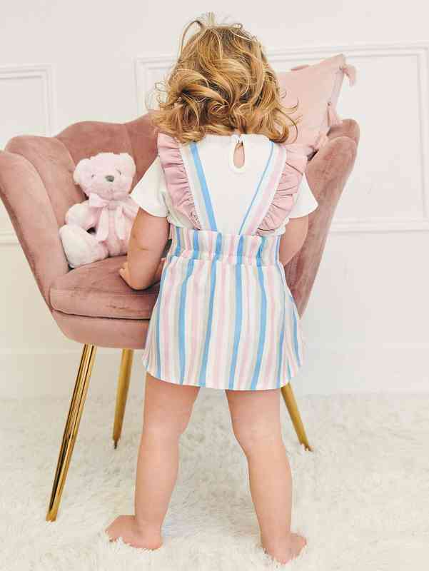 Baby Block Striped Ruffle Trim Suspender Dress Without Tee SHE