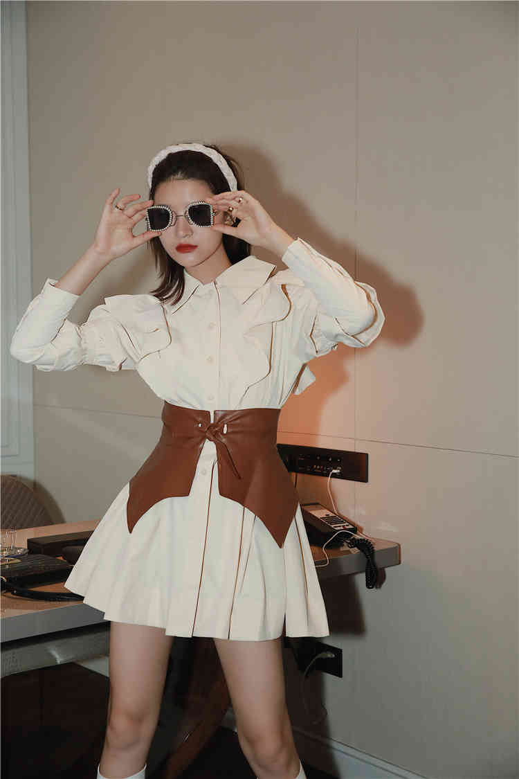 Autumn Ruffle Long Sleeve Shirt Dress Women Beige Button Up Collar Mini Tunic Puff Fashion 210427