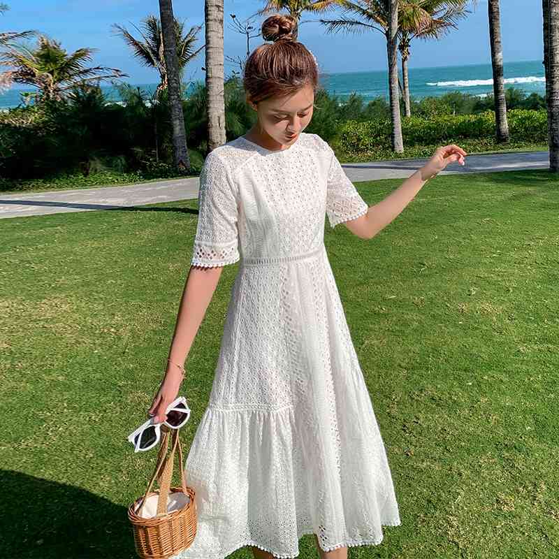 Lace Hollow Out Summer Dress Short Sleeve Long Dresses White Clothes For Full Women Vestidos 210520