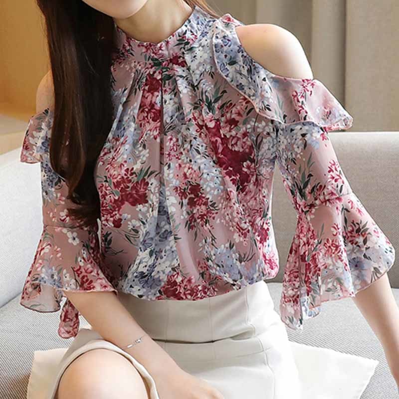 Summer Chiffon O-Neck Short Sleeve Women Loose Flower Off-Shoulder Pullover Flare Shirt Blusas Mujer De Moda 8982 50 210518