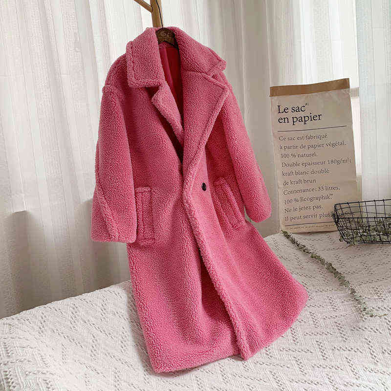 Pink Teddy Bear Long Coats Women Winter Thick Warm Oversized Chunky Outerwear Faux Lambswool Fur Coats Solid High Street 211123