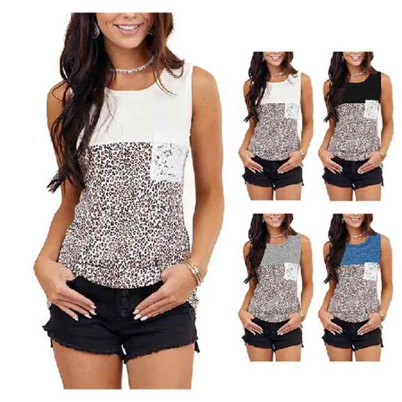 Tshirt Leopard Print Sleeveless Off-Shoulder Tops Sexy Tank Female Casual Loose O-neck Pocket Patchwork Cotton 90s Top Gray 210604