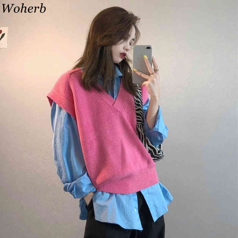 Two Peices Set Women Korean Chic Outfits Pink Sweater Vest + Blue Long Sleeve Shirt Blouse Casual Suit Femme 210519
