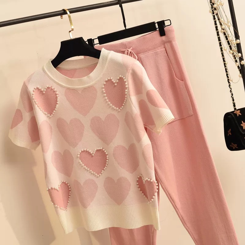arrival Beaded Heart Shape Short-sleeved Sweater + Elastic waist Pants Women Sweet 2pcs Suit Ladies Summer Clothing Set 210519