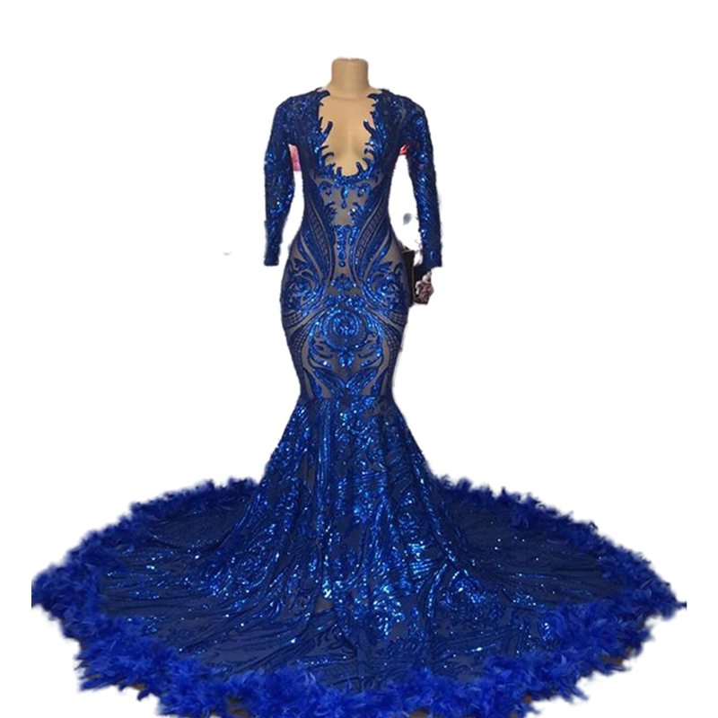 African Sexy Long Sleeve Mermaid Prom Dresses 2022 V-neck Royal Blue Glitter Sequined Black Girls Feather Evening Party Gowns Pageant Dress