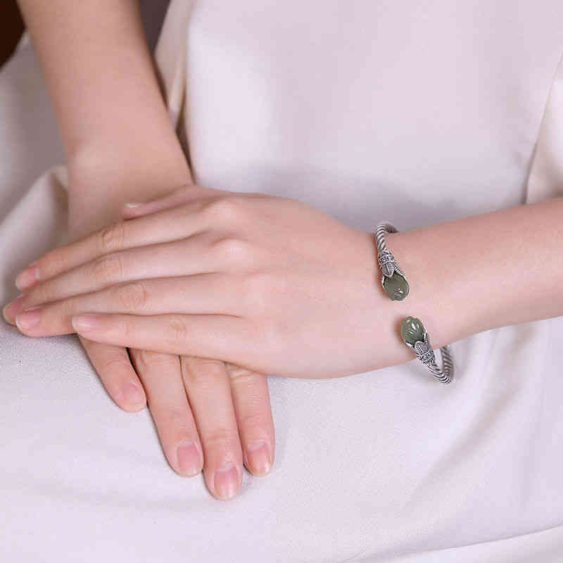 Original S925 Sterling Silver Hetian Jade Gray Personality Magnolia Antique Distressed Ladies Open-ended Bracelet