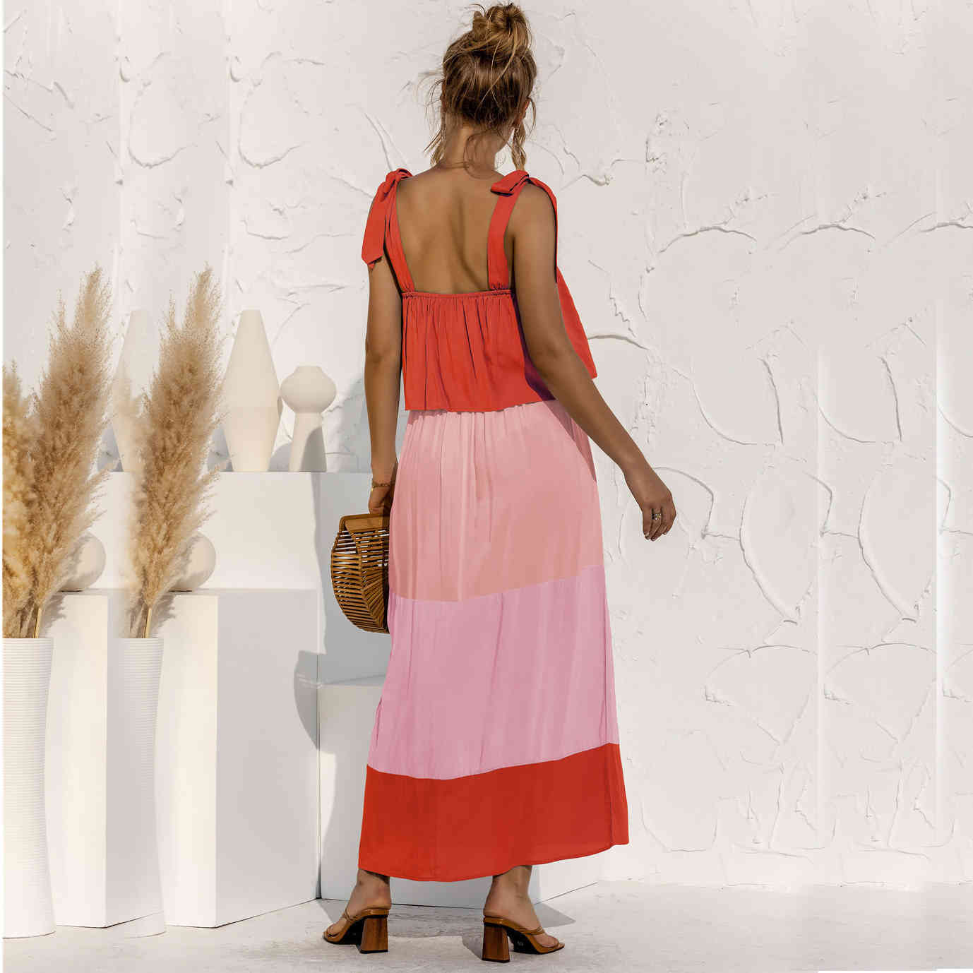 Bohe long dress Summer A-Line Spaghetti Strap Patchwork Ruffled Casual Women's Ankle-length Dress holidays beach 210524