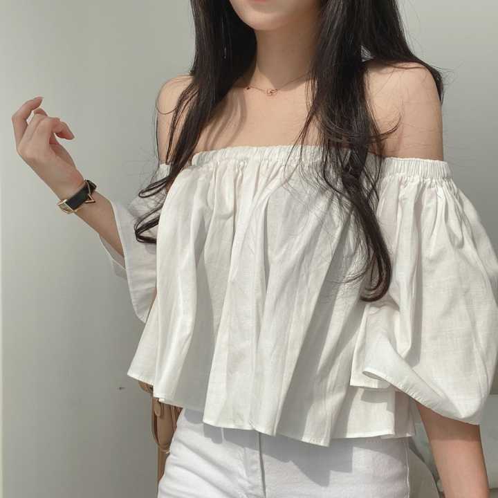 Korejpaa Women Shirt Summer Korean Chic Sexy Feminine One-Line Neck Strapless Pleated Loose Wild Trumpet Sleeve Blouses 210526