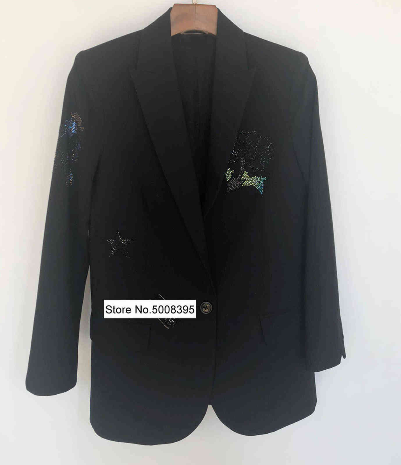 Woman Black Flowers Star Strass Decoration Blazer Single Button Long Sleeves Fashion Suit Coat SS 211122